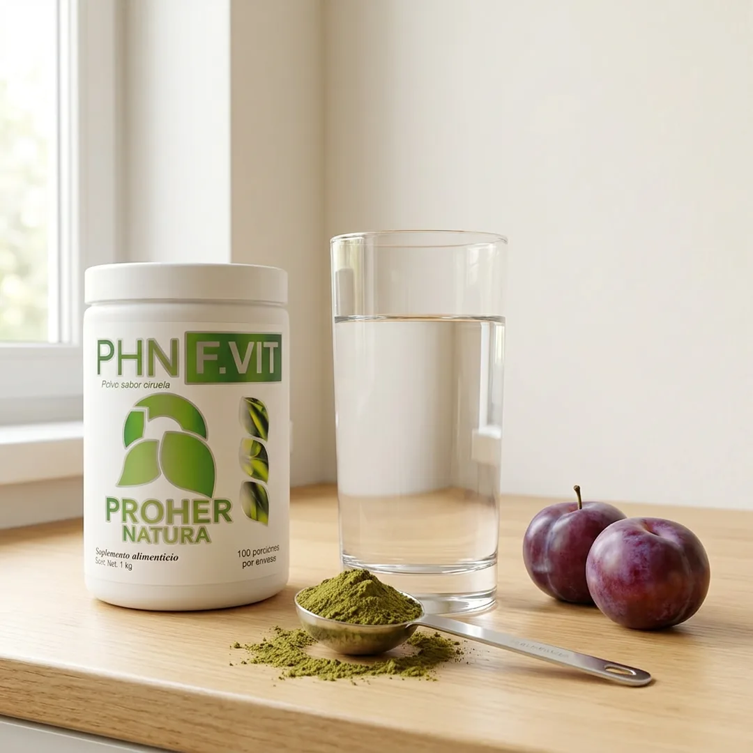 Antes: vaso de agua y una cucharada de PHN F.VIT FIBRA en polvo