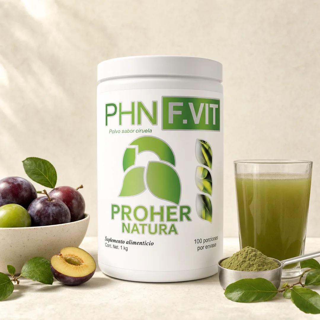 Tarro de PHN F.VIT FIBRA de 1 kg con ciruelas y un vaso de la bebida