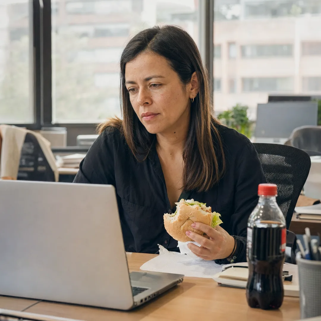 Mujer almorzando rápido frente a su computador