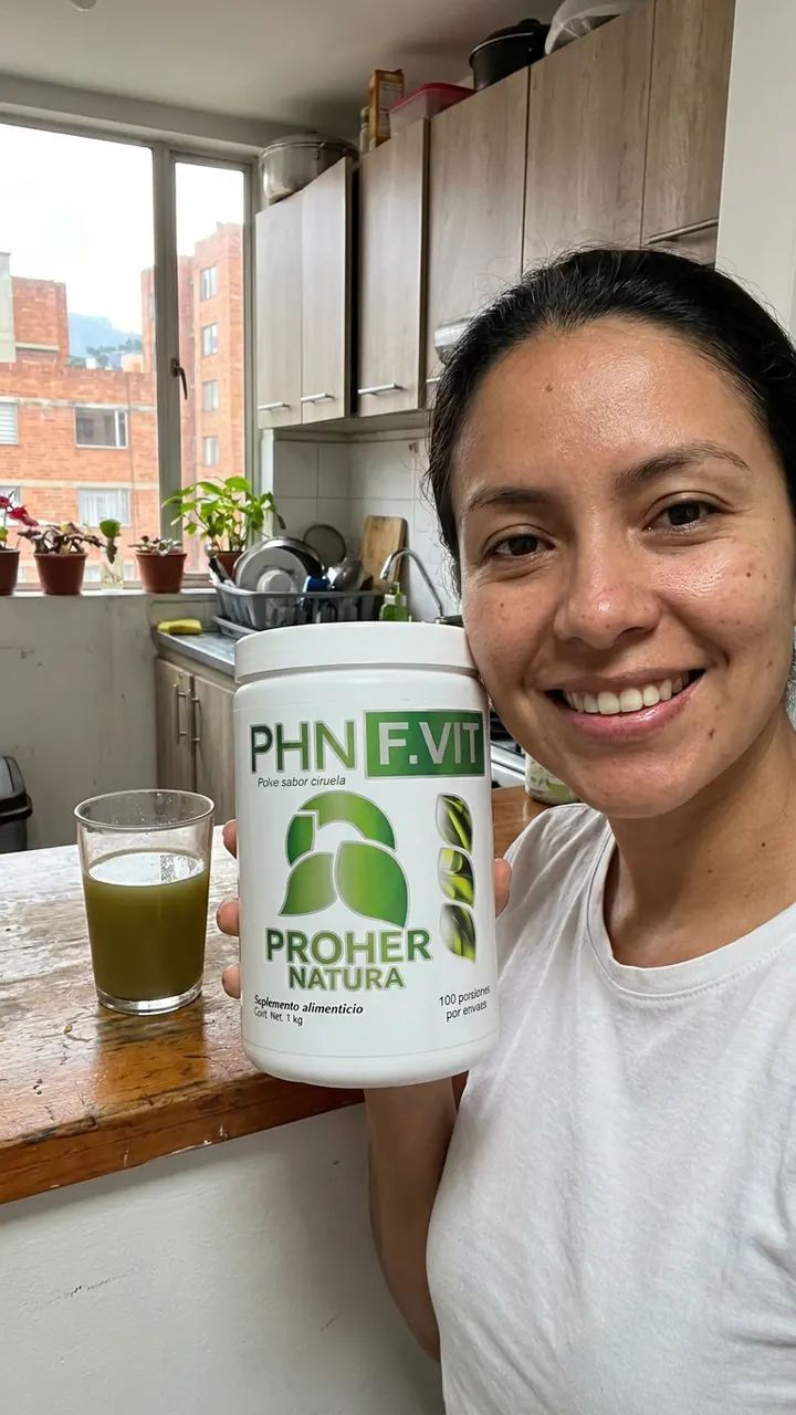 Mujer en su cocina con el tarro de PHN F.VIT FIBRA
