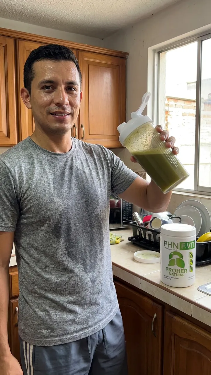 Hombre en su cocina con una botella de PHN F.VIT FIBRA